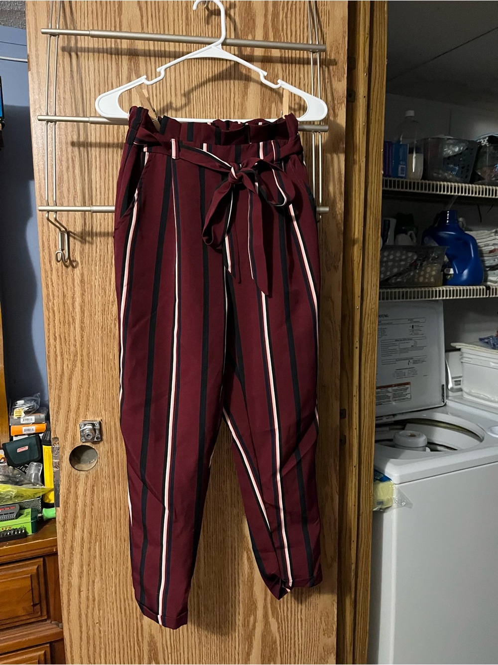 High-Rise Paperbag Waist Cropped Pants in Burgundy Stripe